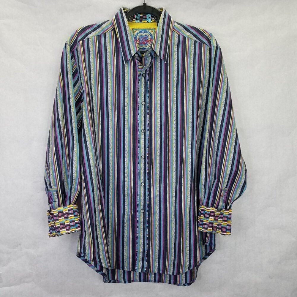 Robert Graham Button Up Shirt Men's M Purple Blue Stripe Flip Cuff Retro Funky